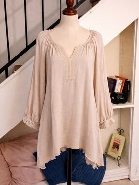Spense 2X Beige Boho Tunic Blouse Flowy Lace Trim Peasant Tunic